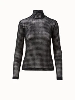 AKRIS Trapezoid Grid Embroidery Mock Neck Top