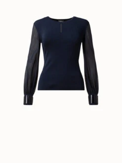 AKRIS Knit Silk Blouse With Sheer Tulle Sleeves