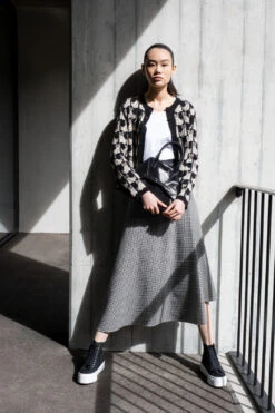 AKRIS Microcheck Wool Asymmetrical Midi Skirt