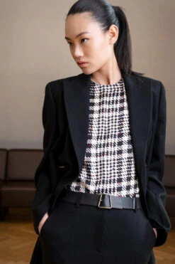 AKRIS Silk Satin Blouse With Tweed Check Print